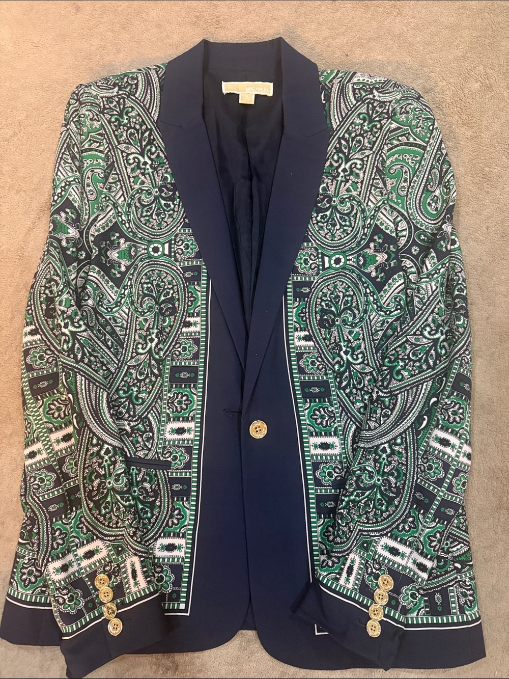 MICHAEL Michael Kors Green Paisley Blazer with Navy Trim